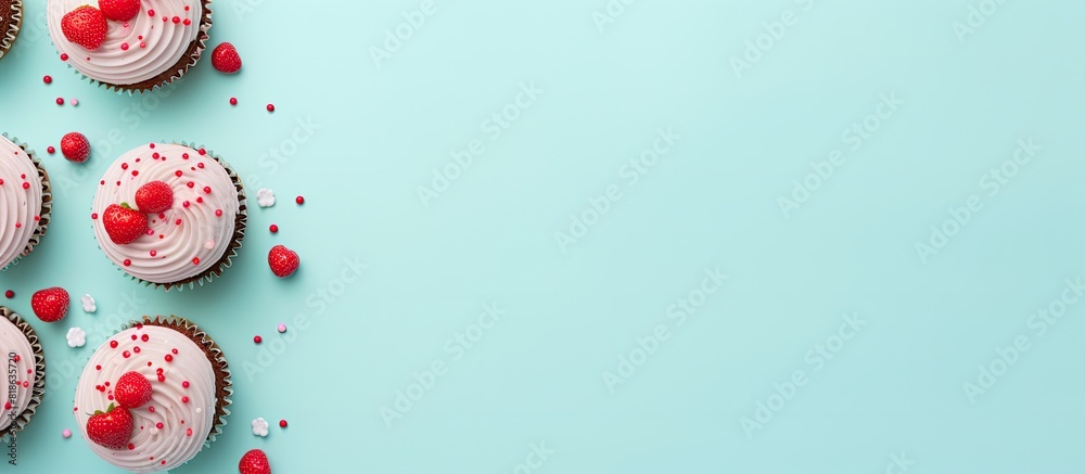 Poster a flat lay composition featuring cupcakes on a light blue background with room for text perfect for 