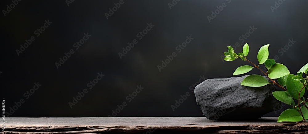Poster on a wooden background there is a copy space image featuring a black stone and a branch with green p