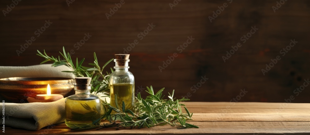 Poster a spa composition featuring the aromatic essence of tea tree oil set against a rustic wooden backdro