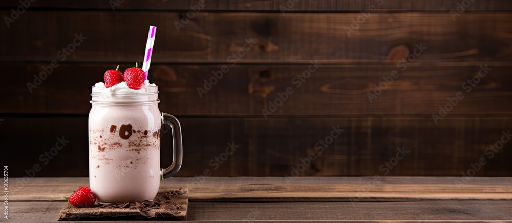 Poster Copy space image of a delicious milkshake served in a charming mason jar complete with a straw placed on a rustic wooden table