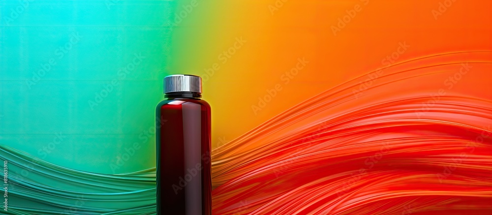 Poster copy space image of a shampoo bottle and a single strand of hair against a colorful background allow