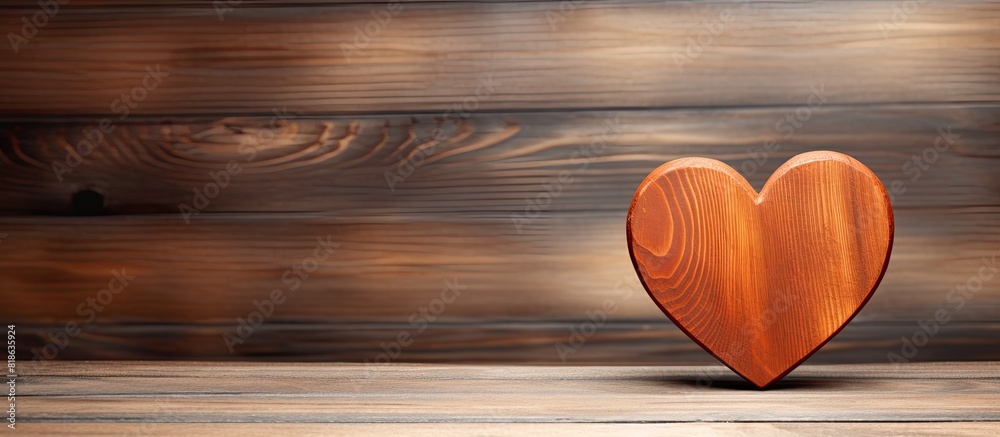 Poster copy space image of a wooden heart set against a wooden background