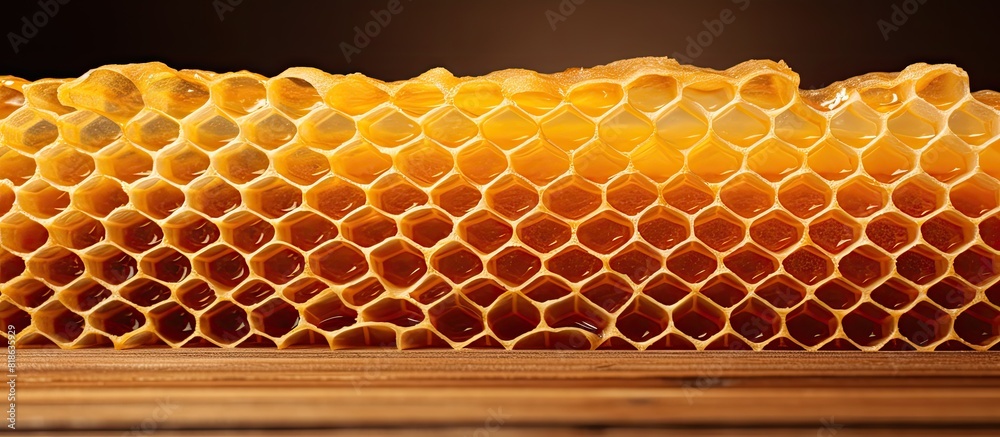 Poster A close up image of a honeycomb on a wooden background with ample copy space