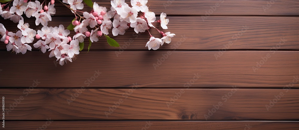 Leinwandbilder top view of a brown wooden background with a bouquet of cherry blossoms and an empty space for text 