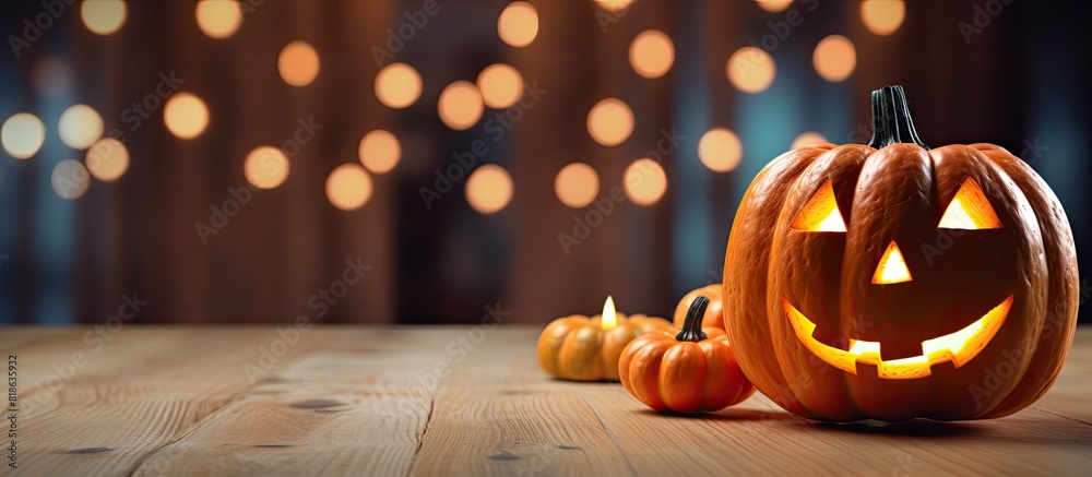 Poster Blur background adds depth to Halloween pumpkin on wooden planks creating an interesting copy space image