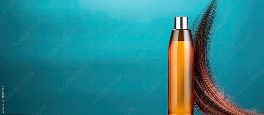 Poster copy space image of a shampoo bottle and a single strand of hair against a colorful background allow