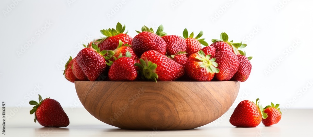 Poster a copy space image of fresh organic strawberries displayed in a wooden bowl resting on top of a whit