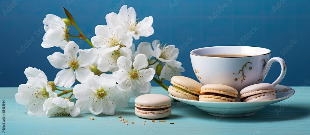 Poster a copy space image of a blue background featuring a large cup of tea adorned with a white flower and
