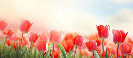 A beautiful image of red tulips blooming in spring with a copy space for text