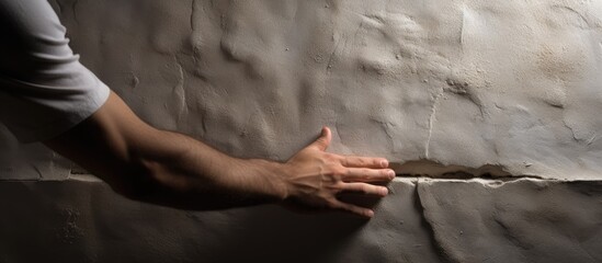 A man is seen attaching a decorative gypsum stone shaped like a brick to a wall corner. Creative banner. Copyspace image