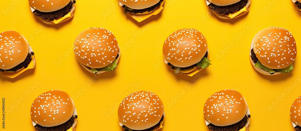 Poster A top view of burgers on a yellow background with plenty of copy space available for additional images or text