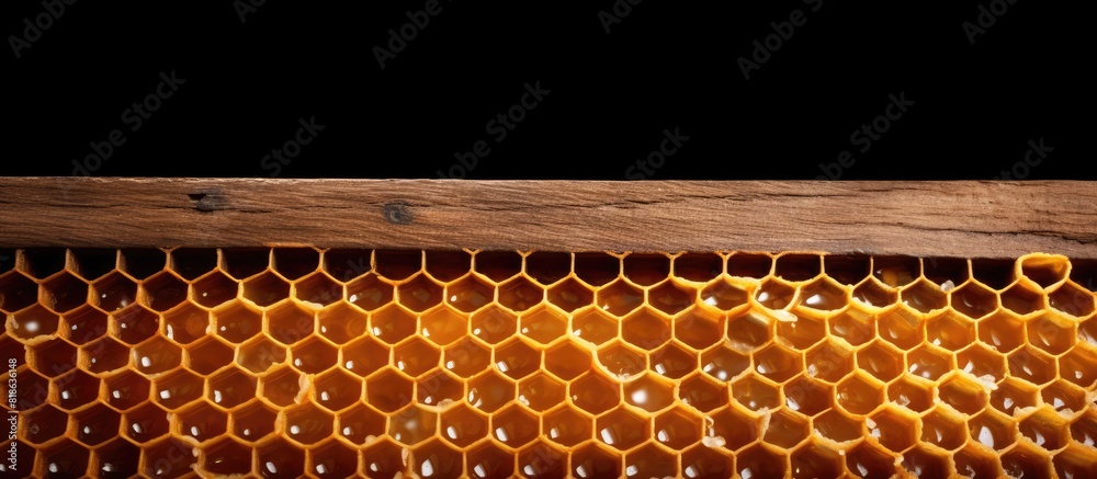 Poster A close up image of a honeycomb on a wooden background with ample copy space