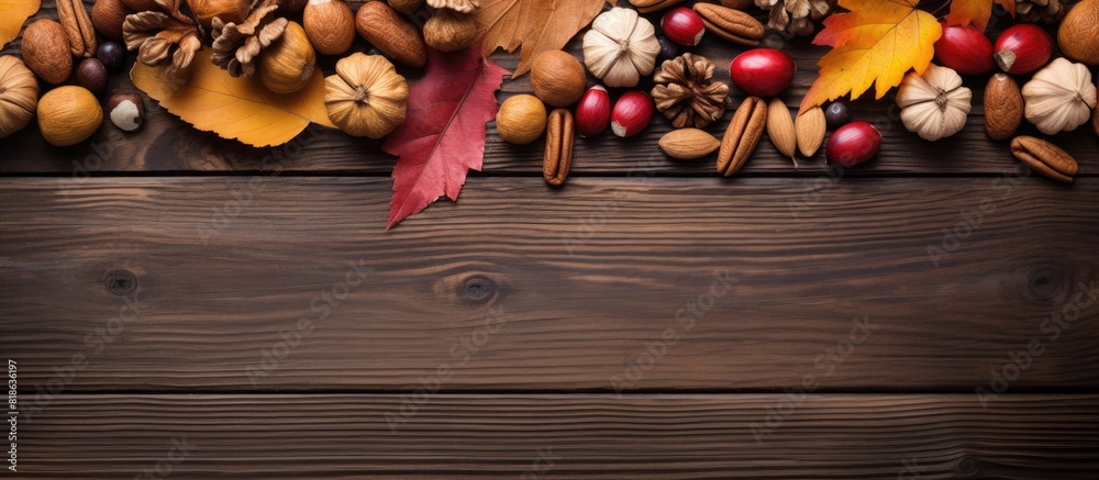 Aufkleber Top view of dry autumn leaves and nuts creating a border on a wooden background providing ample copy space for images