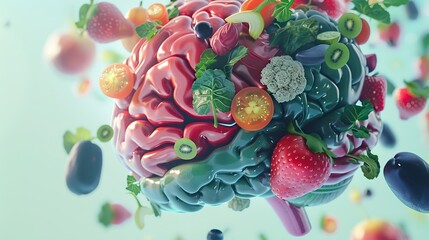 The human brain is made up of vegetables. colorful fruit Healthy nutrition Built with Generative AI...