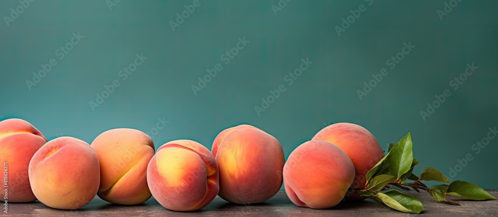 Poster Color background displaying several ripe peaches copy space image