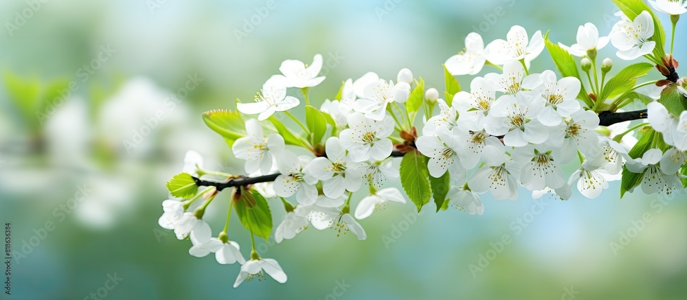 Leinwandbilder In spring cherry flowers bloom with lush green leaves creating a beautiful macro shot with ample space for text
