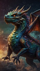 Obraz premium Describe a majestic and mysterious dragon, with scales shimmering in various shades of iridescent colors, gliding through the air with powerful wings outstretched.