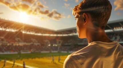 A teenage soccer fan relishes a moment of triumph at a sunlit stadium, reflecting passion and...