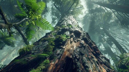 A towering redwood tree reaching towards the heavens, its gnarled bark adorned with patches of...