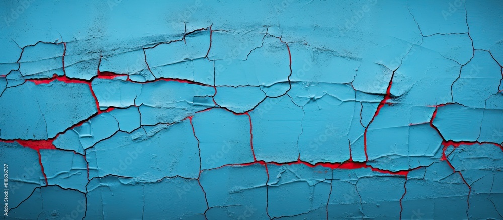 Aufkleber close up of a wall with a blue paint texture and prominent red cracks providing a visually appealing