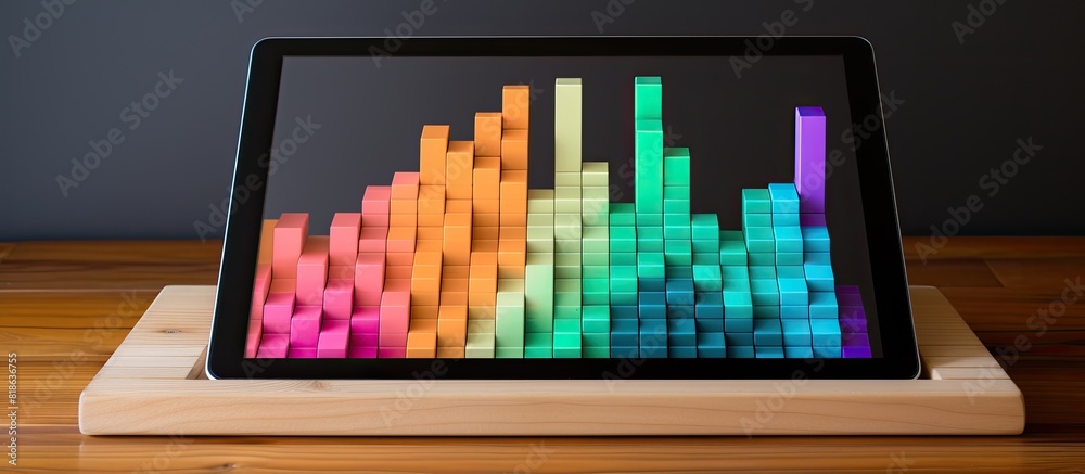 Poster a colorful chart made of flat wooden bricks is displayed on a digital tablet screen with copy space 