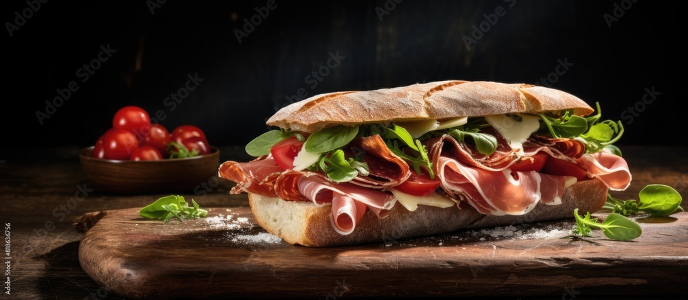 Poster delicious prosciutto and basil sandwich displayed on a rustic wooden board with ample copy space for