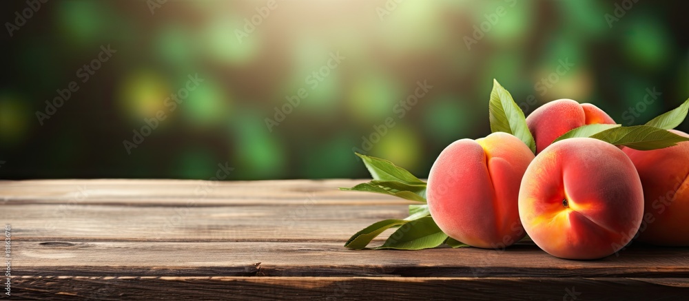 Poster A copy space image of fresh peaches placed in close proximity on a rustic wooden table