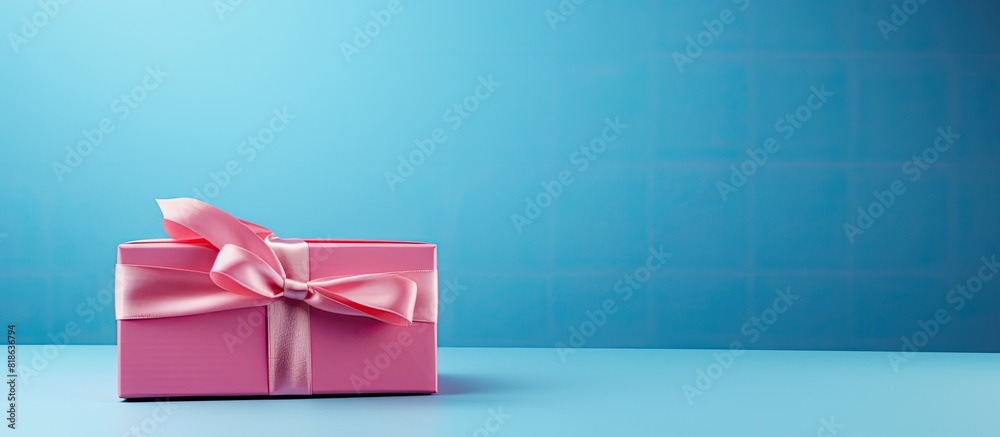 Aufkleber a gift box with a pink satin ribbon is placed on a blue background creating a visually pleasing imag