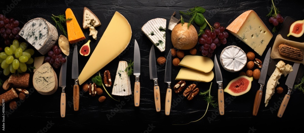 Aufkleber Copy space image of various types of cheese and knives arranged in a flat lay composition on a black table providing ample room for text