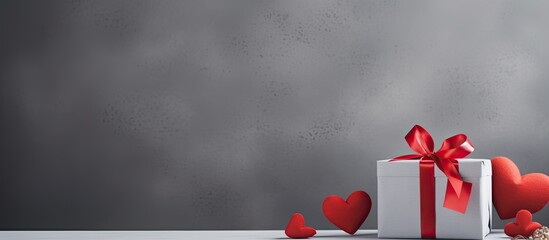 A gift box with a red ribbon a scroll and paper hearts are arranged on a gray background providing copy space for an image - Powered by Adobe