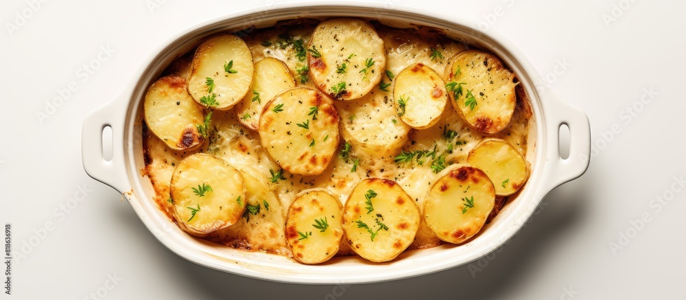 Aufkleber a top down view of a ceramic dish filled with potato gratin rests on a white table leaving room for 
