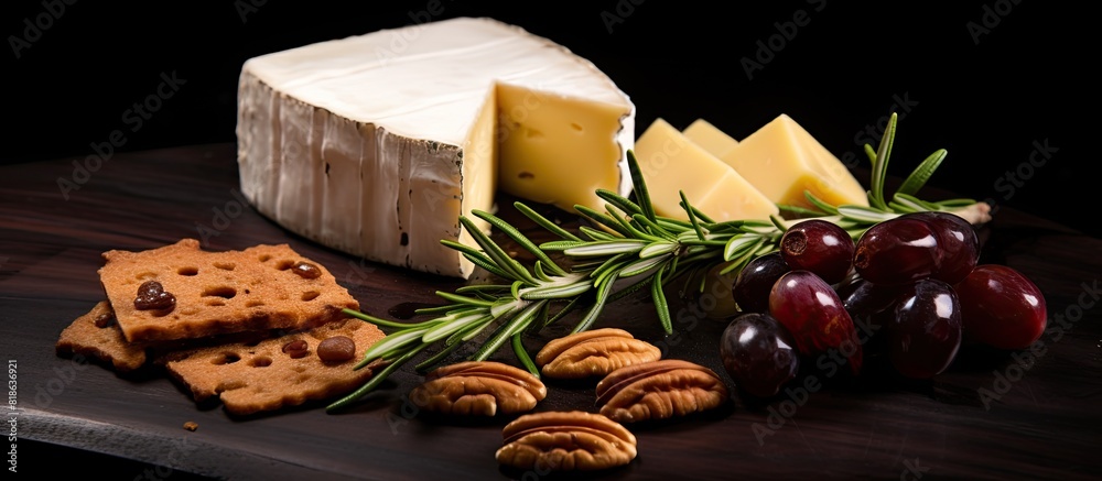 Poster a copy space image of maasdam cheese with walnuts rosemary and red wine on a black background is ava