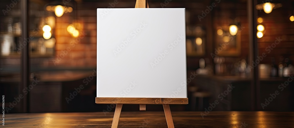 Poster A small canvas rests on an easel placed on a wooden table offering ample room for adding images or text