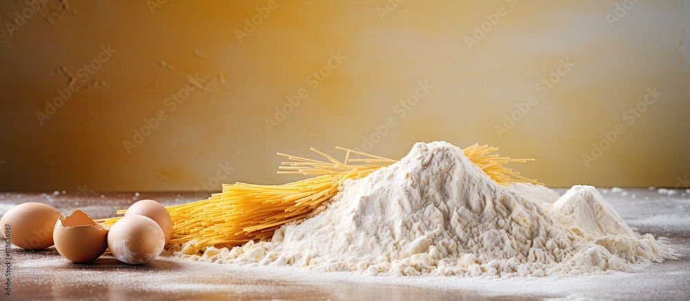 Aufkleber a copy space image of uncooked pasta noodles in the form of nests alongside flour and seasonings pla