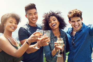 Group, friends and toast in portrait at party with people, happy and outdoor in summer for vacation. Women, men and excited with cheers at social event with alcohol, champagne and smile in sunshine