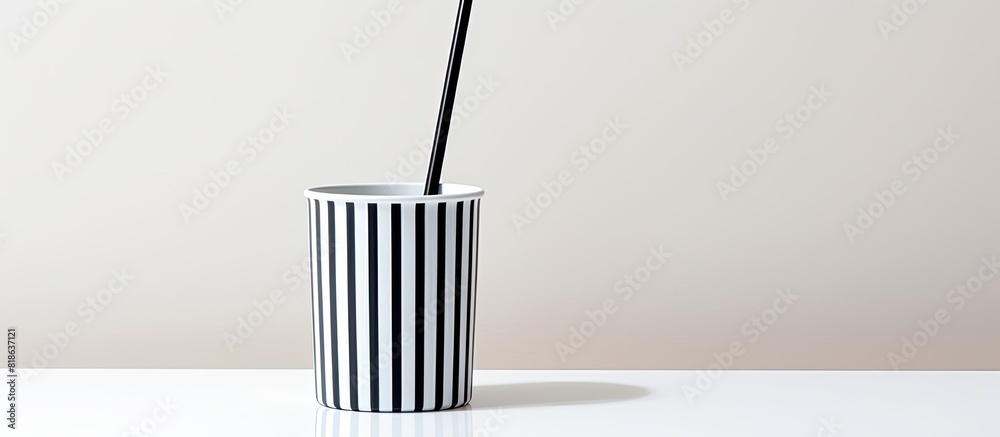 Poster A striped straw sits in an empty cup against a white background leaving space for an image. Creative banner. Copyspace image