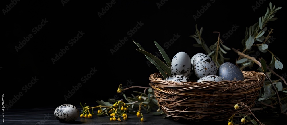Poster A dark background showcases Easter quail eggs and willow branches in a compelling copy space image