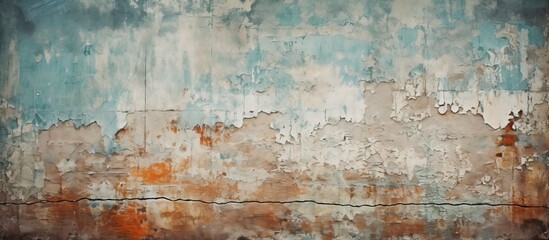An abstract grunge texture of a vintage wallpaper with a broken brick wall in the background providing copy space for design