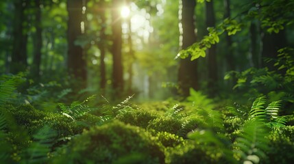 A tranquil forest glade with sunlight filtering through the canopy, illuminating a carpet of vibrant green moss and ferns.