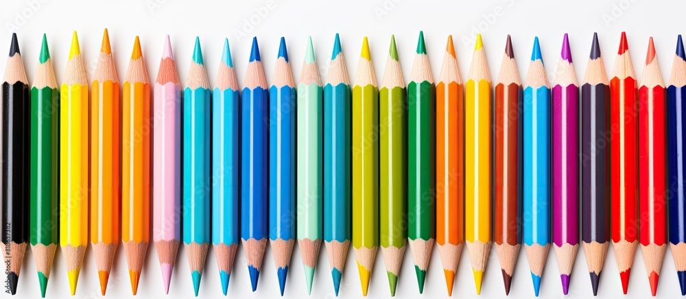 Poster a vibrant assortment of colored pencils on a blank white backdrop providing ample blank space for ad