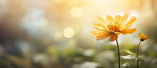 Copy space image of a sunlit abstract floral background featuring an isolated yellow flower in a garden with a blurred background