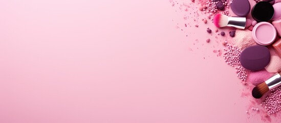 A copy space image showcasing professional cosmetics for makeup on a pink background viewed from the top