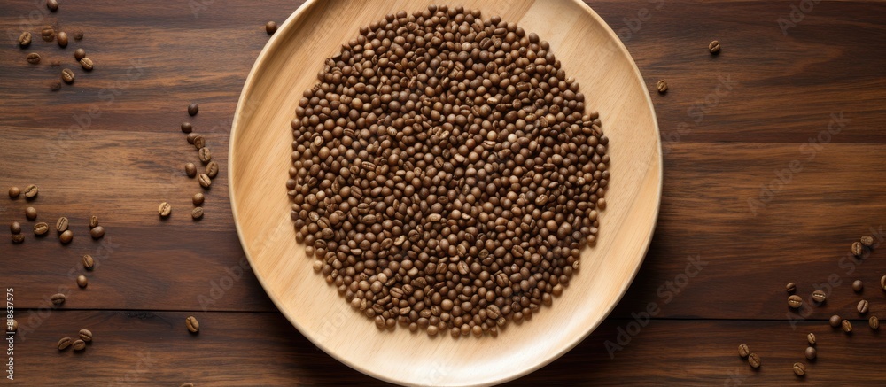 Poster A top down view of a cluster of coffee seeds arranged on a bamboo plate surrounded by a wooden table with empty space for further items. Creative banner. Copyspace image