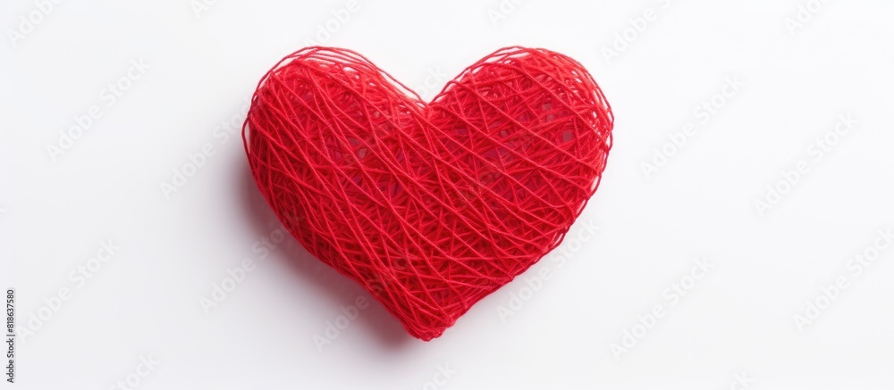 Poster valentine s day themed image of a heart crafted from red yarn against a white backdrop a copy space 