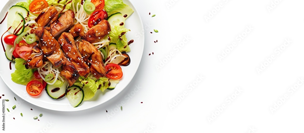 Poster top view of a teriyaki chicken salad on a white background with ample copy space for additional elem