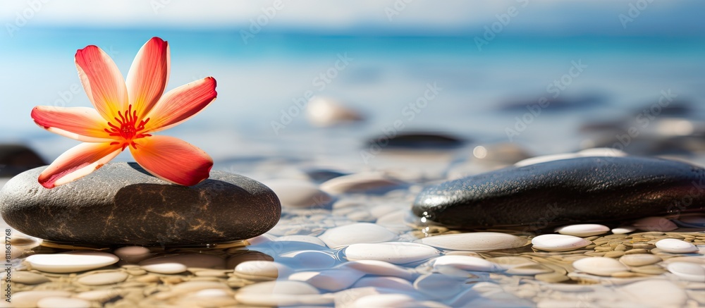 Aufkleber close up image of spa stones with a flower on a sandy beach offering a beautiful and tranquil copy s