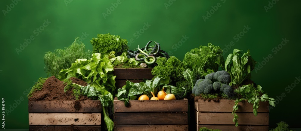 Poster Wooden boxes filled with compost soil and compostable vegetables are placed on an isolated green background creating a copy space image