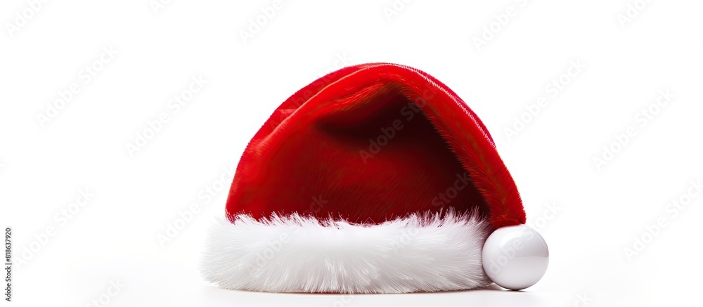 Poster A red Christmas hat adorned with an ornament is placed on a white background creating an ideal space for copy in the image