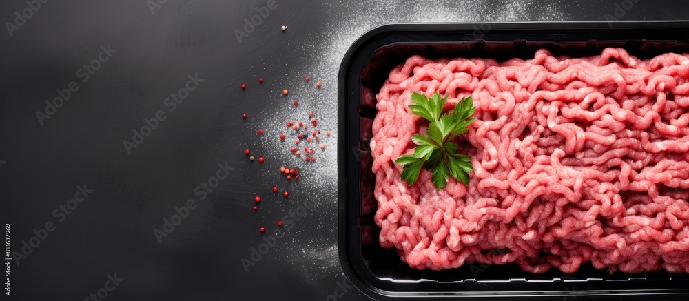 Aufkleber Top view of fresh minced meat in a plastic box packaging tray on a gray stone background The flat lay image includes copy space for text