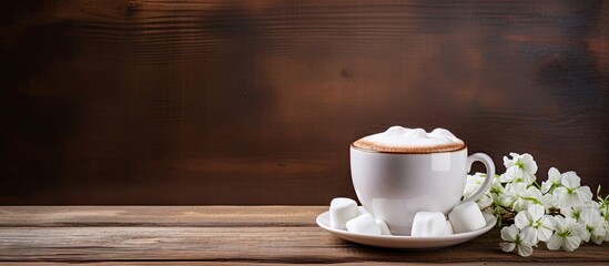 Copy space image of a steaming cup of cocoa adorned with fluffy marshmallows placed against a softly hued wooden backdrop